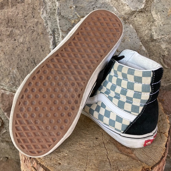 Vans Grey and White Checkered High-Tops with Black Suede Mens 7.5 Womens 9 - Picture 8 of 11